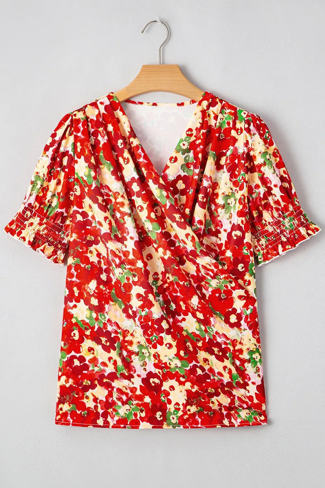 Floral Print Puff Sleeve Surplice Blouse.