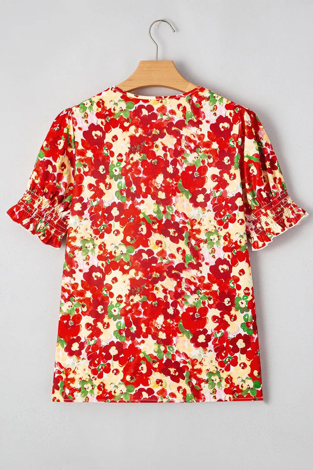 Floral Print Puff Sleeve Surplice Blouse.