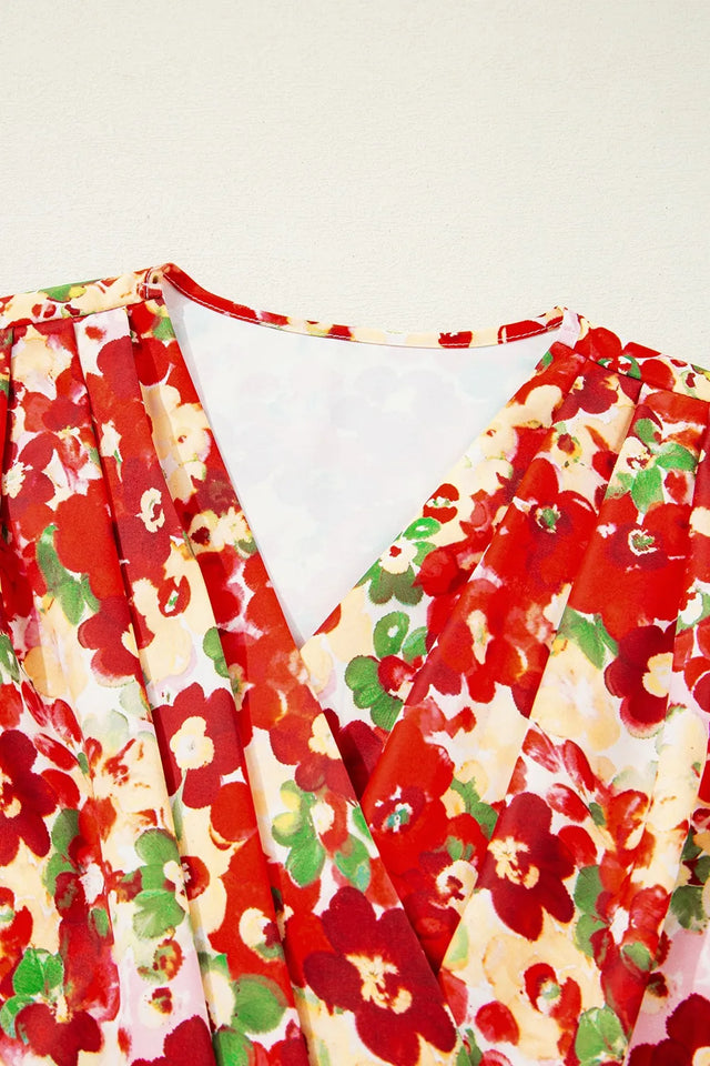Floral Print Puff Sleeve Surplice Blouse.