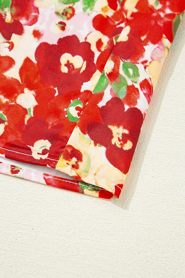Floral Print Puff Sleeve Surplice Blouse.