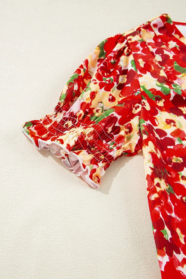 Floral Print Puff Sleeve Surplice Blouse.