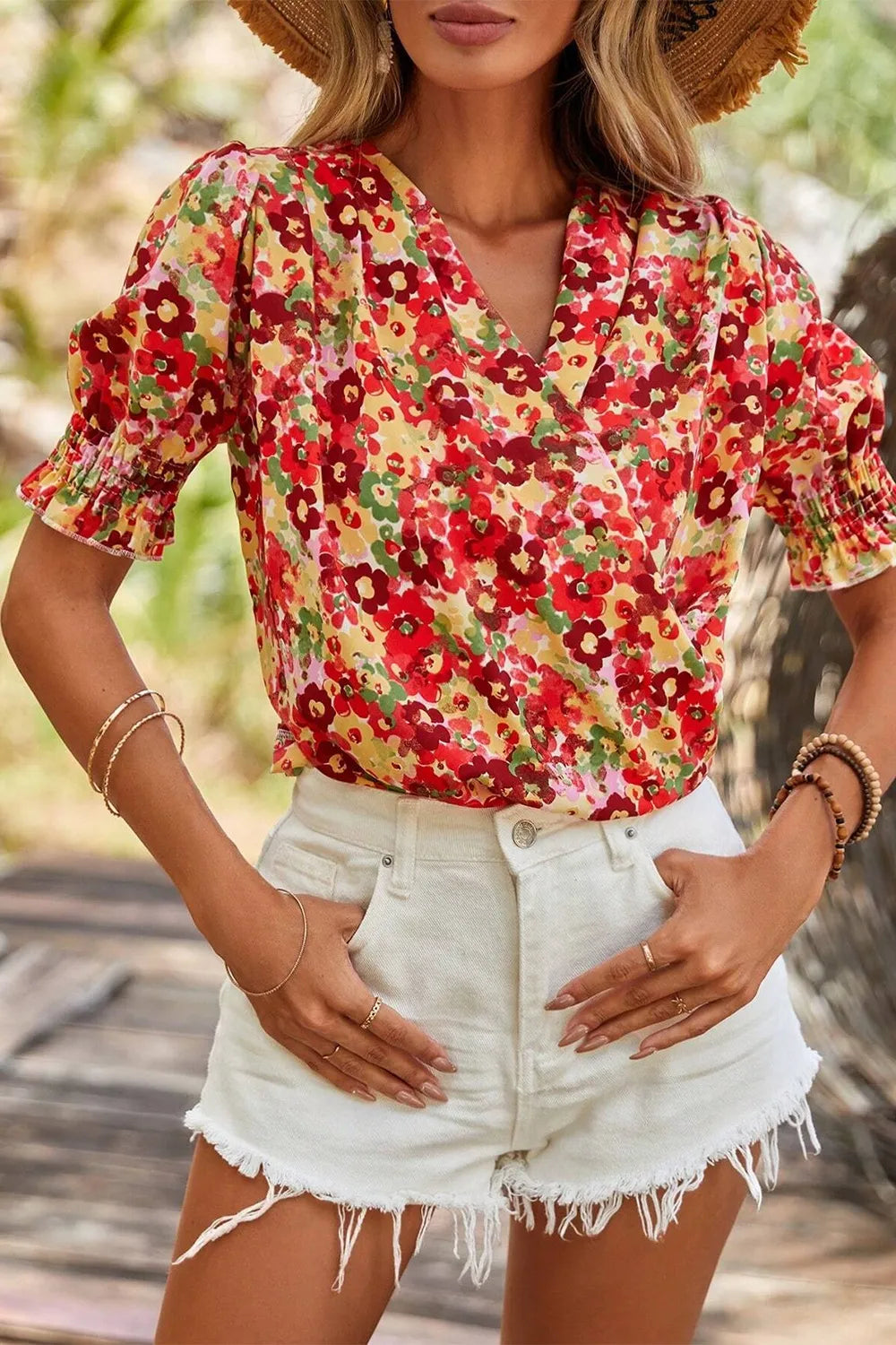 Floral Print Puff Sleeve Surplice Blouse.