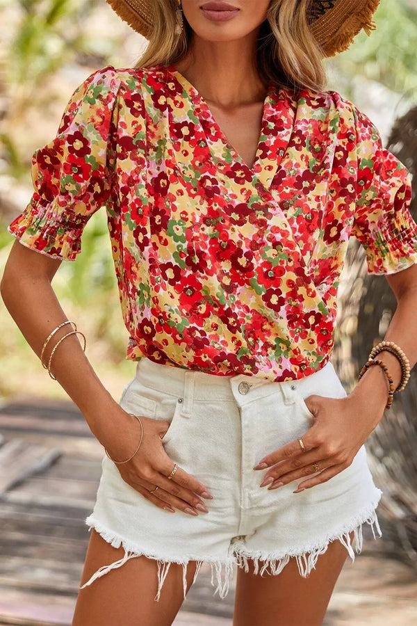 Floral Print Puff Sleeve Surplice Blouse.
