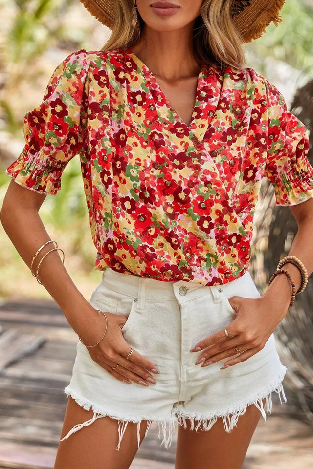 Floral Print Puff Sleeve Surplice Blouse.