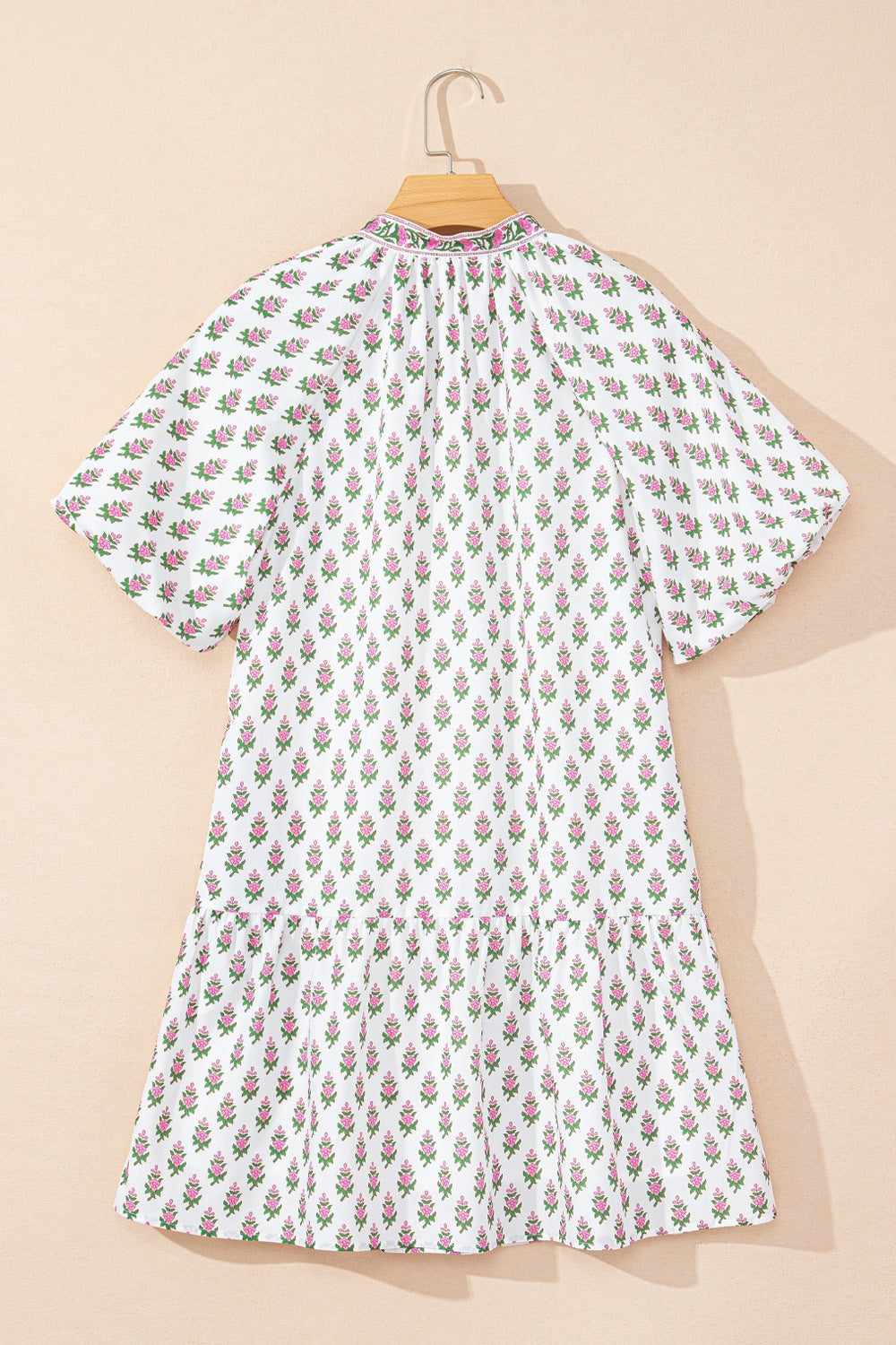 Floral Print Puff Sleeve Tie Neck Ruffled Hem Dress.