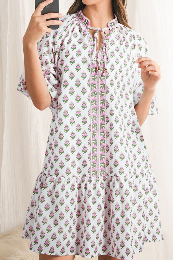 Floral Print Puff Sleeve Tie Neck Ruffled Hem Dress.