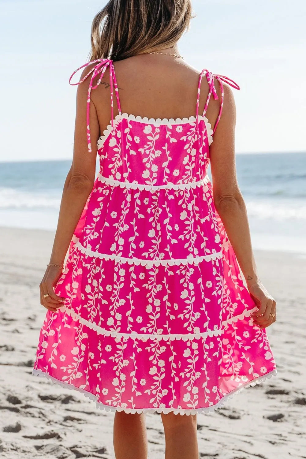Floral Print Ric Rac Patched Sleeveless Mini Dress.