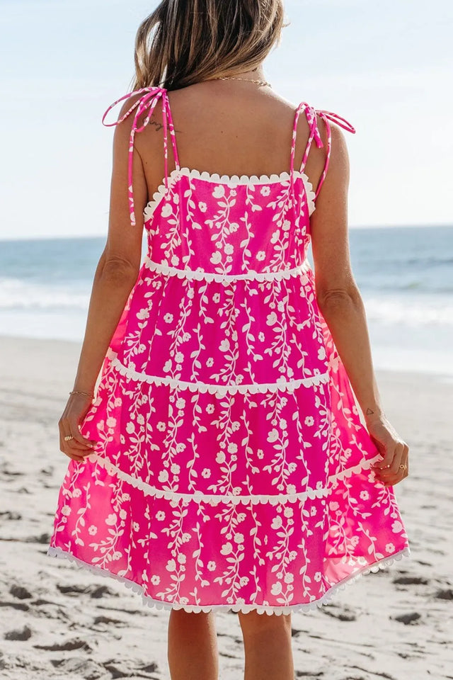Floral Print Ric Rac Patched Sleeveless Mini Dress.