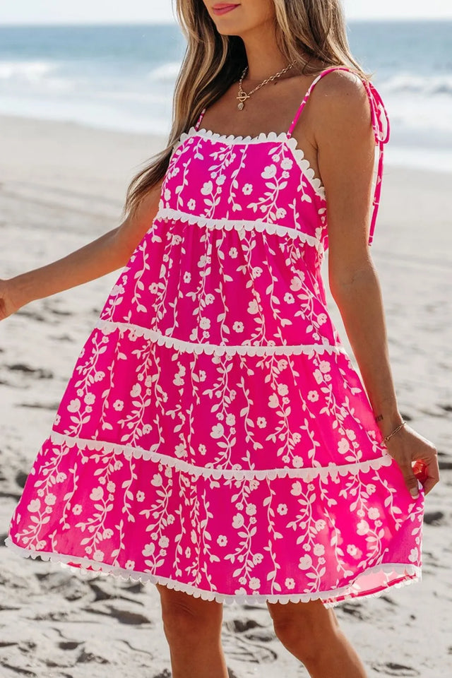 Floral Print Ric Rac Patched Sleeveless Mini Dress.