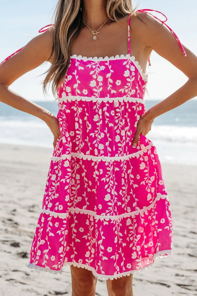 Floral Print Ric Rac Patched Sleeveless Mini Dress.