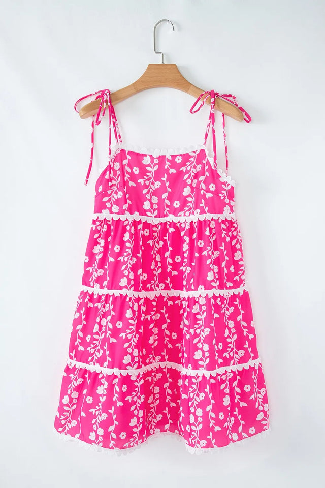 Floral Print Ric Rac Patched Sleeveless Mini Dress.