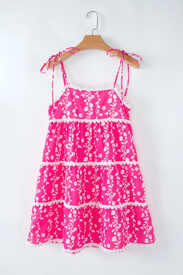 Floral Print Ric Rac Patched Sleeveless Mini Dress.