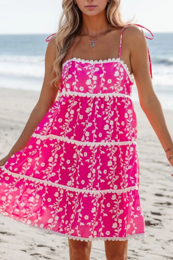 Floral Print Ric Rac Patched Sleeveless Mini Dress.