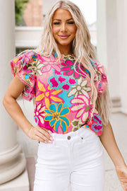 Floral print round neck flutter sleeve blouse.