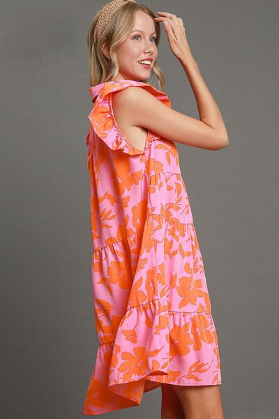 Umgee Full Size Floral Print Ruffle Cap Sleeve Tiered Dress Plus Size.