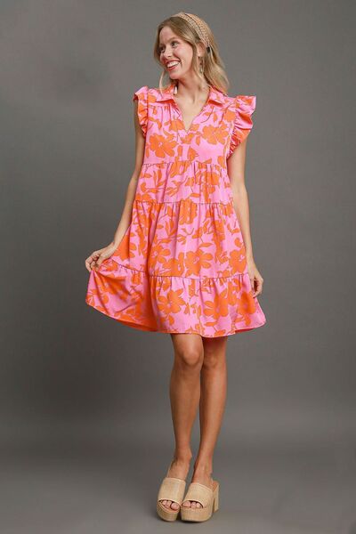 Umgee Full Size Floral Print Ruffle Cap Sleeve Tiered Dress Plus Size.