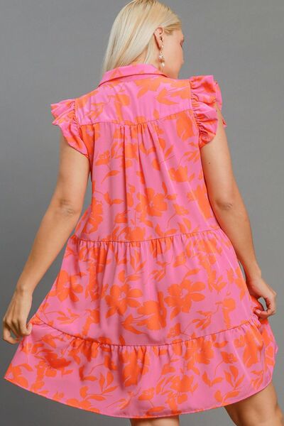 Umgee Full Size Floral Print Ruffle Cap Sleeve Tiered Dress Plus Size.