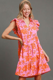 Umgee Full Size Floral Print Ruffle Cap Sleeve Tiered Dress Plus Size.
