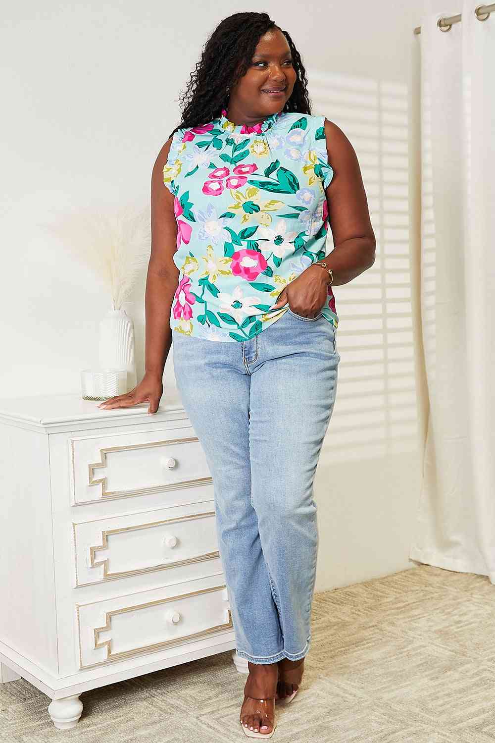 Double Take floral print ruffle shoulder blouse.