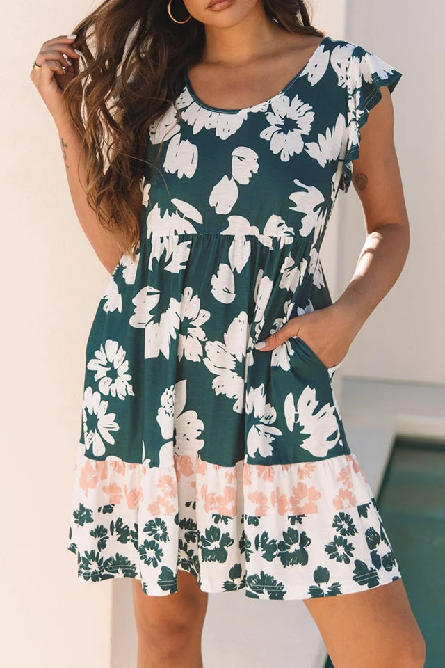 Floral Print Ruffle Sleeve Empire Waist Mini Dress.