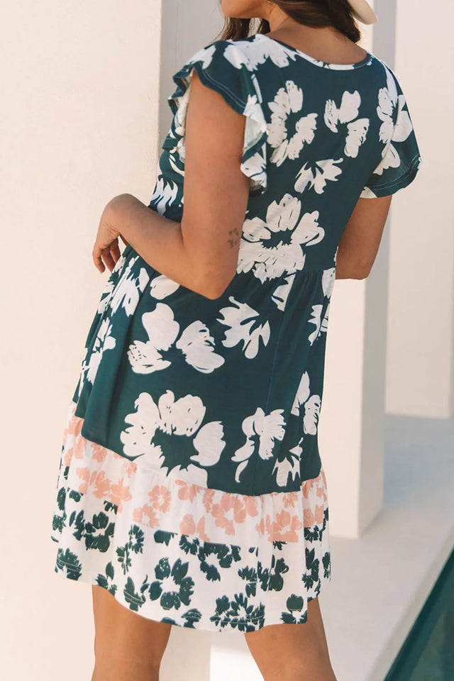 Floral Print Ruffle Sleeve Empire Waist Mini Dress.