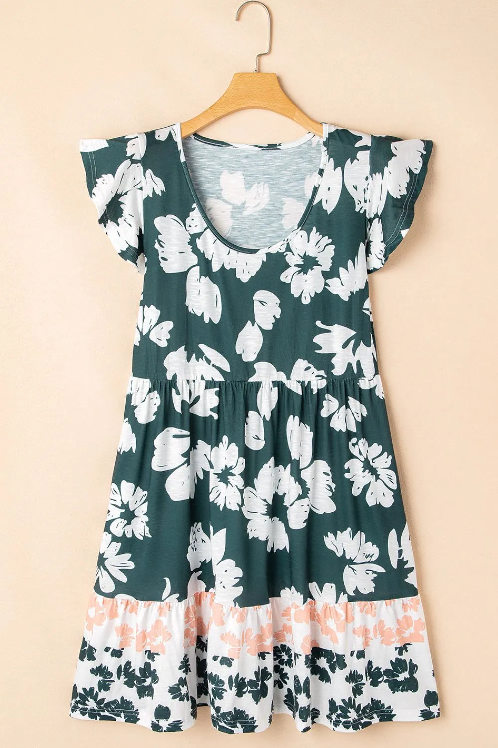 Floral Print Ruffle Sleeve Empire Waist Mini Dress.