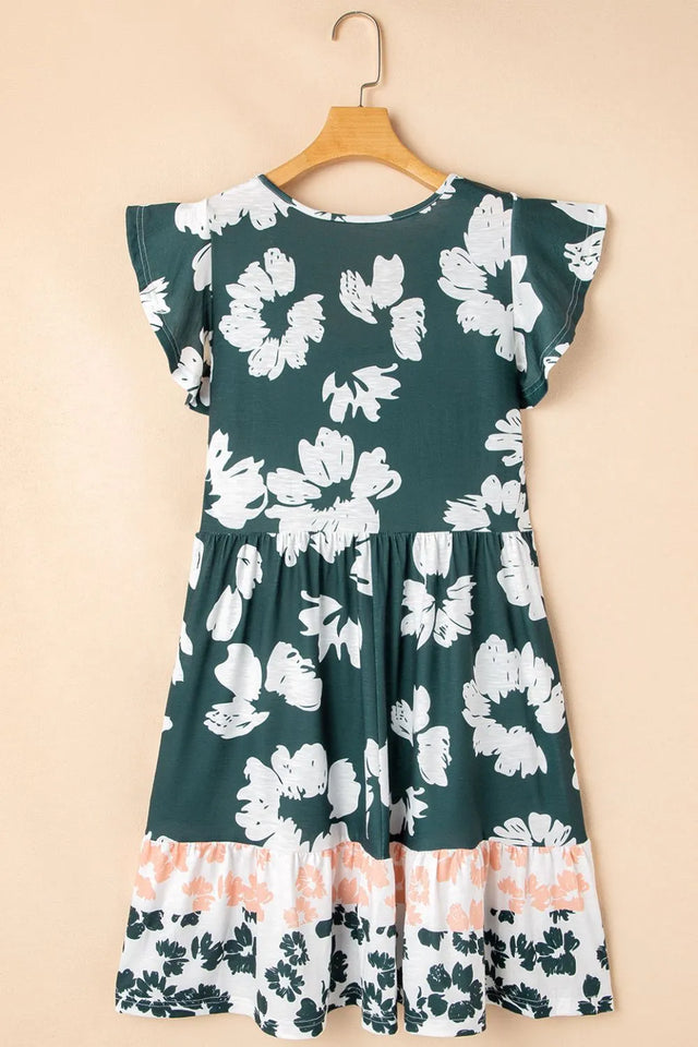 Floral Print Ruffle Sleeve Empire Waist Mini Dress.