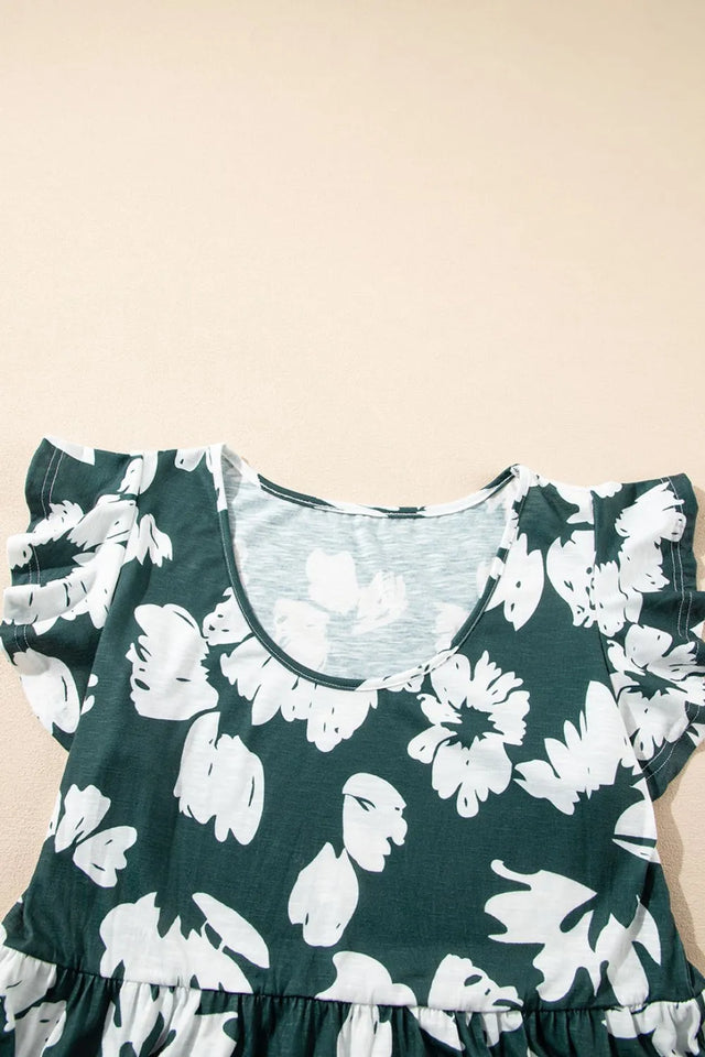 Floral Print Ruffle Sleeve Empire Waist Mini Dress.