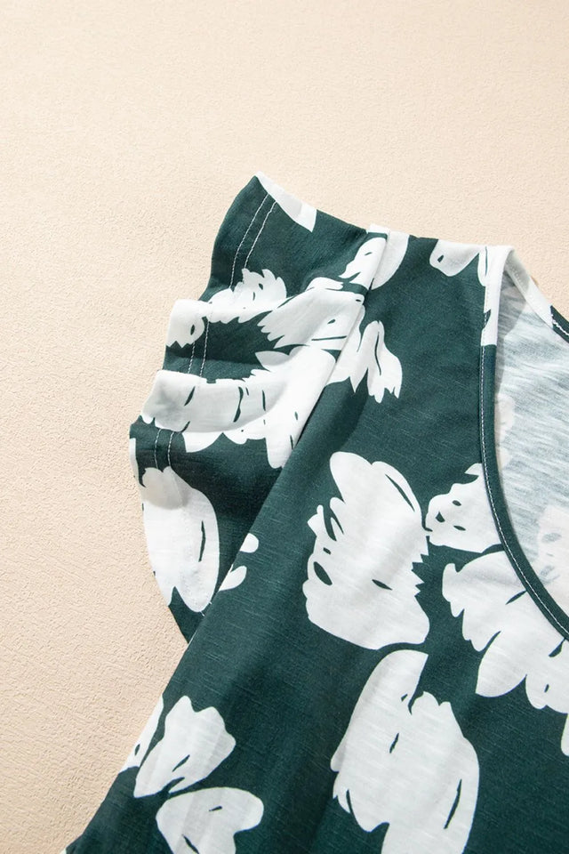 Floral Print Ruffle Sleeve Empire Waist Mini Dress.