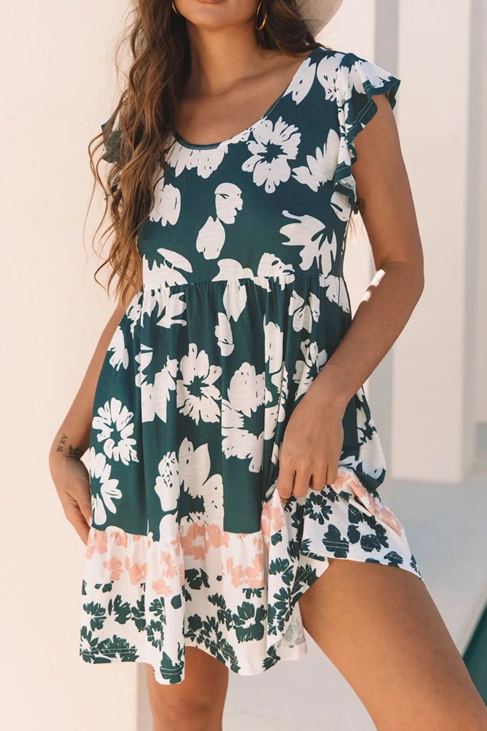 Floral Print Ruffle Sleeve Empire Waist Mini Dress.