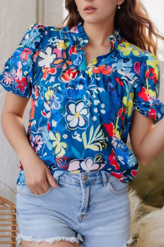 Floral Print Ruffle Sleeve Loose Blouse.