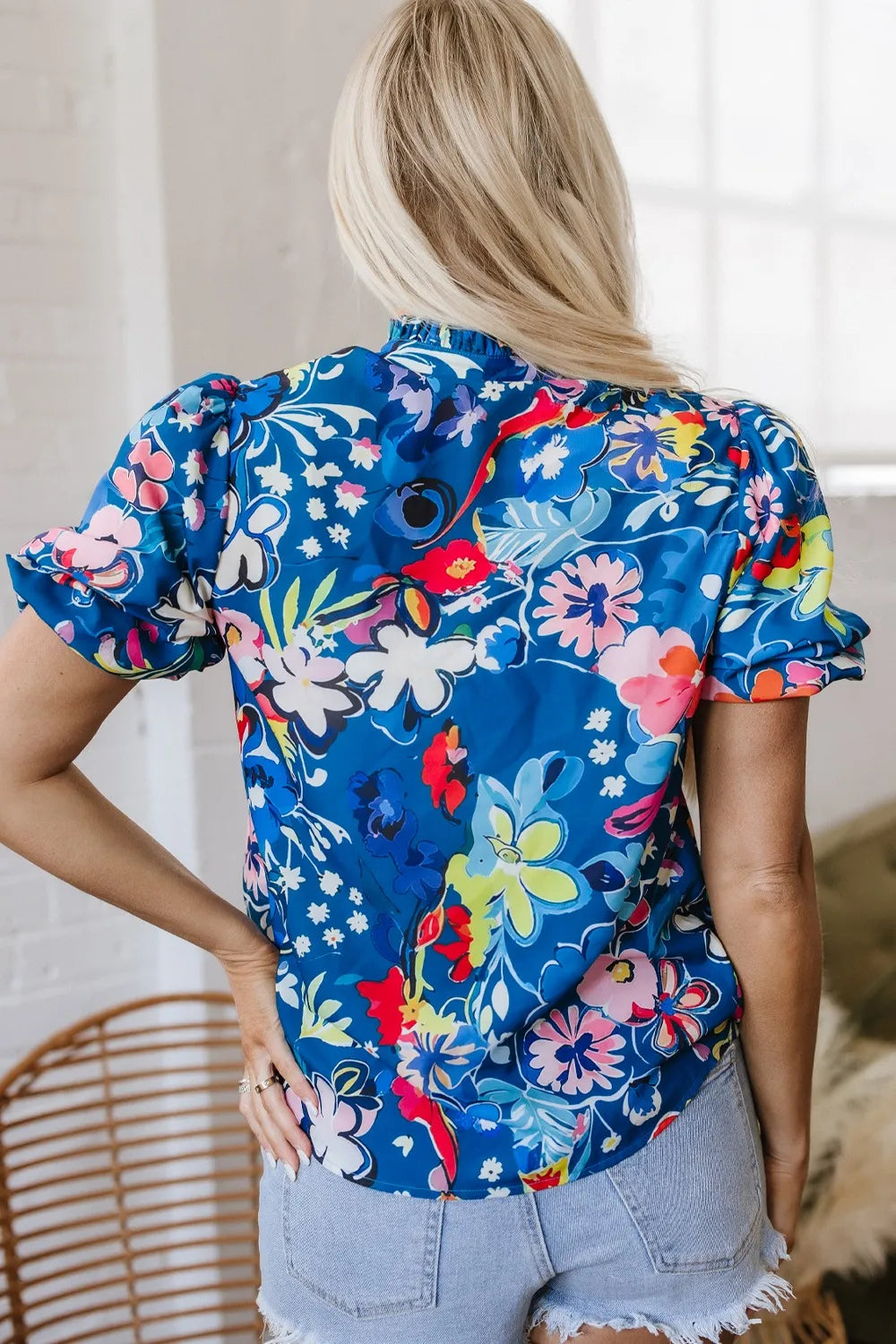 Floral Print Ruffle Sleeve Loose Blouse.
