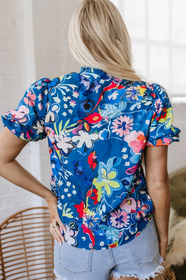 Floral Print Ruffle Sleeve Loose Blouse.