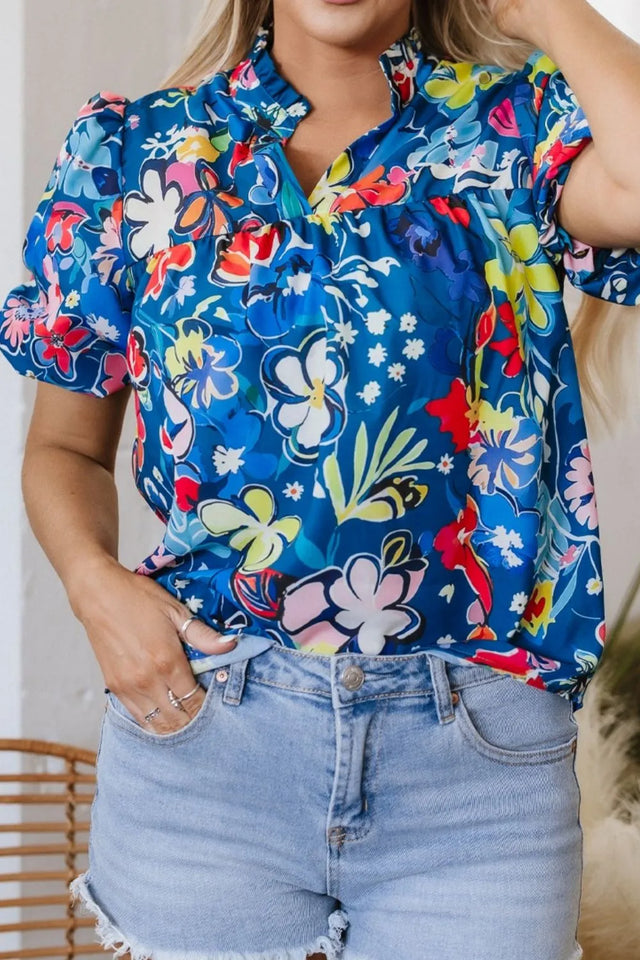 Floral Print Ruffle Sleeve Loose Blouse.