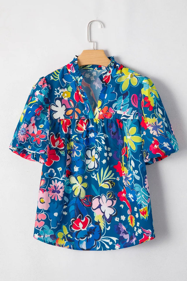 Floral Print Ruffle Sleeve Loose Blouse.