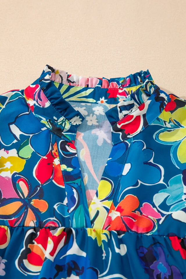 Floral Print Ruffle Sleeve Loose Blouse.