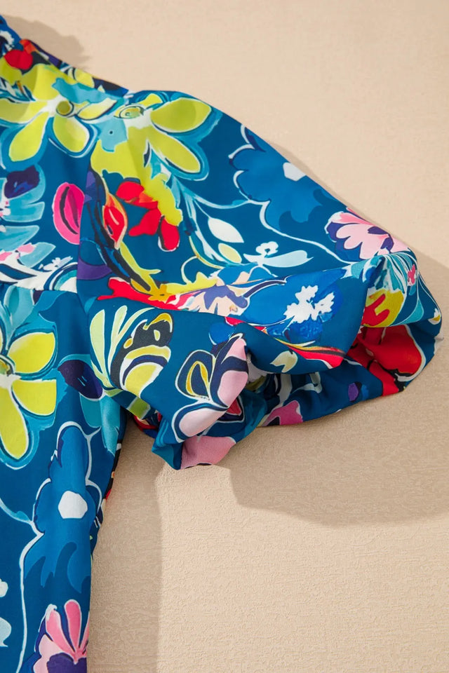 Floral Print Ruffle Sleeve Loose Blouse.