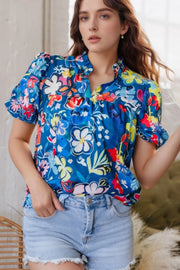 Floral Print Ruffle Sleeve Loose Blouse.
