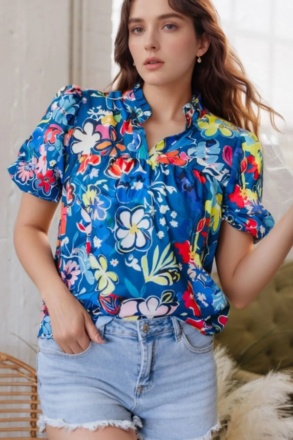 Floral Print Ruffle Sleeve Loose Blouse.