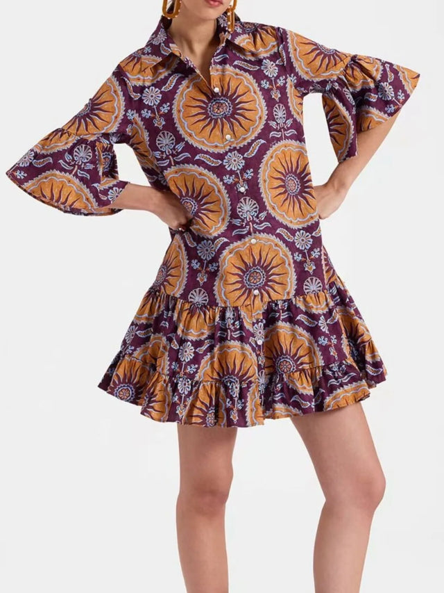 Floral Print Ruffle Sleeve Mini Dress.