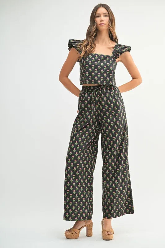 Mable Floral Print Ruffle Top and Pants Set.
