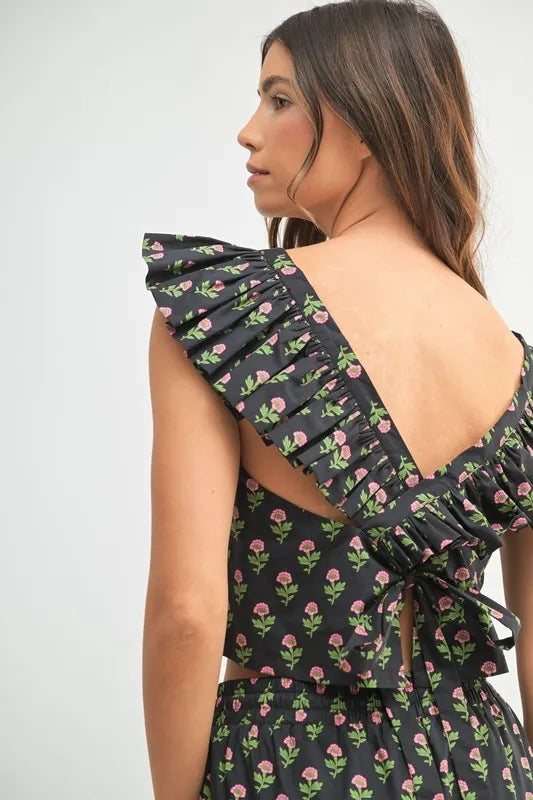 Mable Floral Print Ruffle Top and Pants Set.