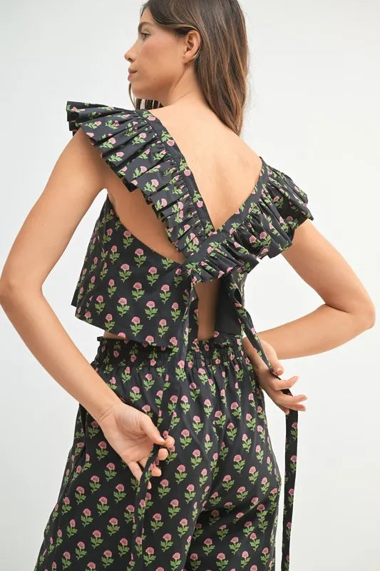 Mable Floral Print Ruffle Top and Pants Set.