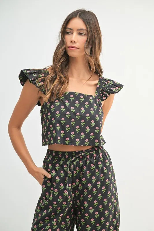 Mable Floral Print Ruffle Top and Pants Set.