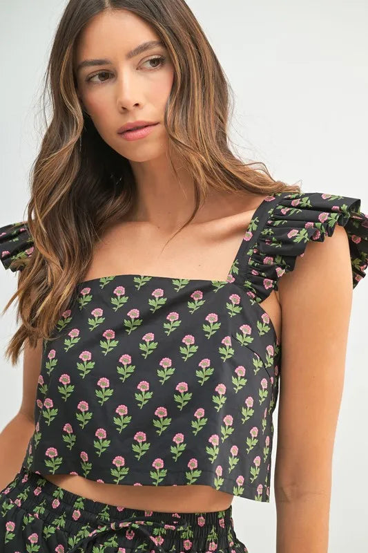 Mable Floral Print Ruffle Top and Pants Set.