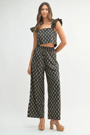 Mable Floral Print Ruffle Top and Pants Set.