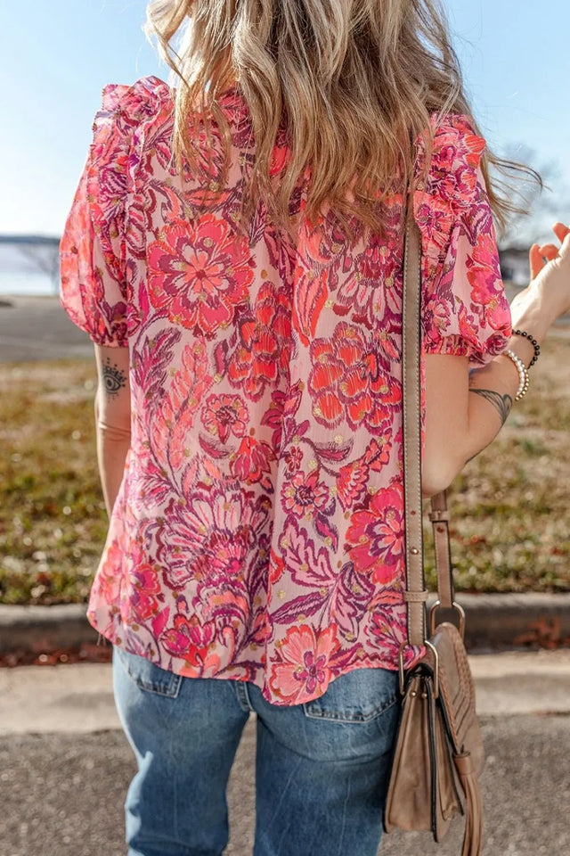 Floral Print Ruffled Puff Short Sleeve Blouse.