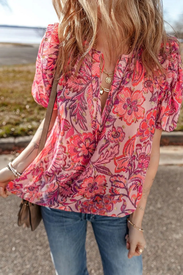 Floral Print Ruffled Puff Short Sleeve Blouse.