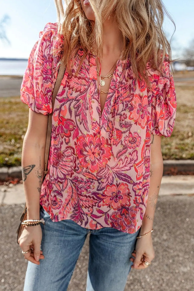 Floral Print Ruffled Puff Short Sleeve Blouse.