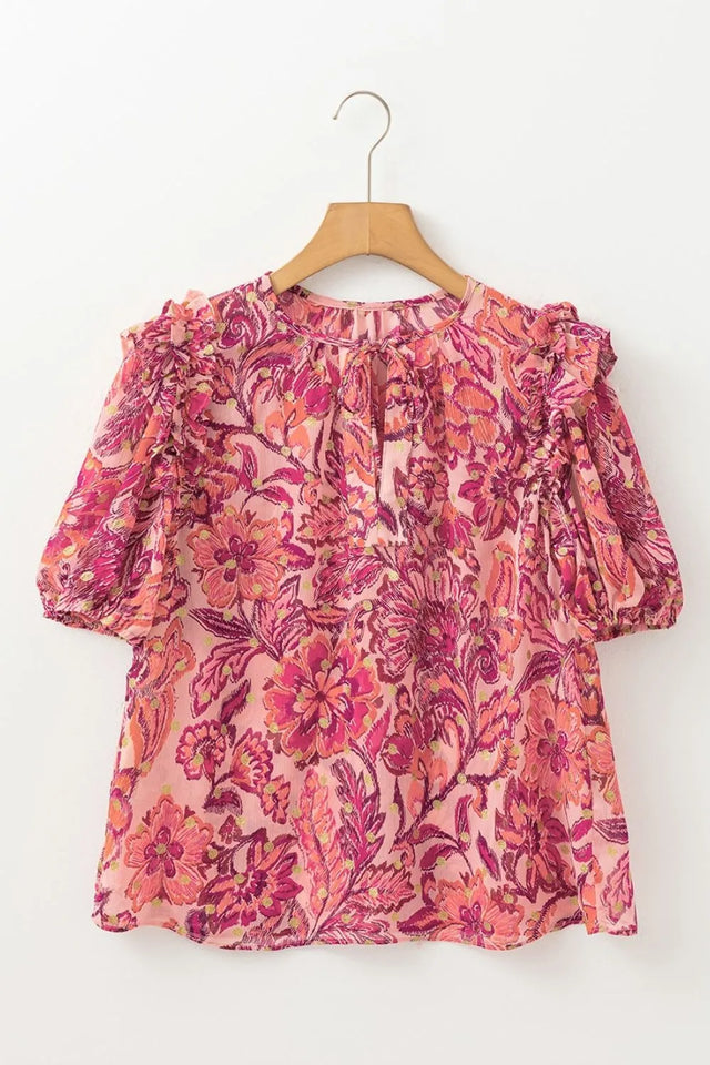 Floral Print Ruffled Puff Short Sleeve Blouse.
